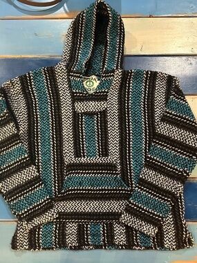 Baja Joe Baja Hoodie Drug Rug Mexican Woven Pullover Black Teal White Small